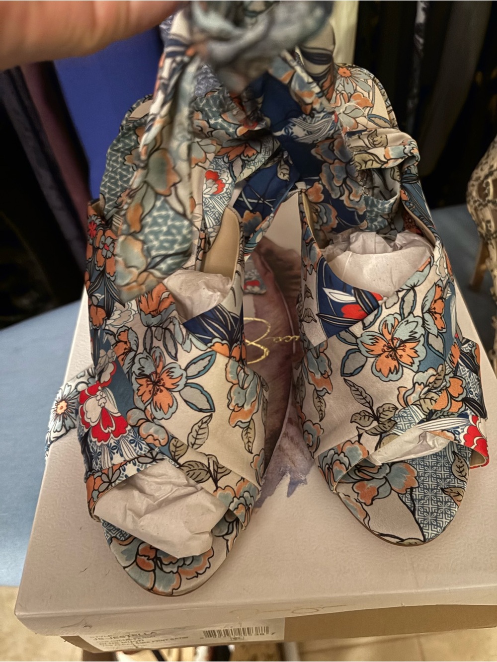 Jessica Simpson Floral Tie-Wrap Peep-Toe Heels in Blue, Cream and Orange